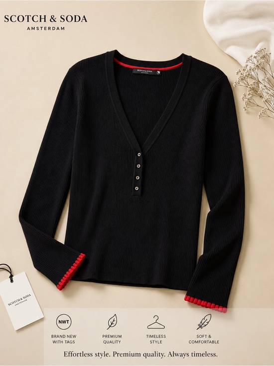 Scotch & Soda Sweaters - Scotch & Soda Black V-Neck Ribbed Sweater with Red Trim